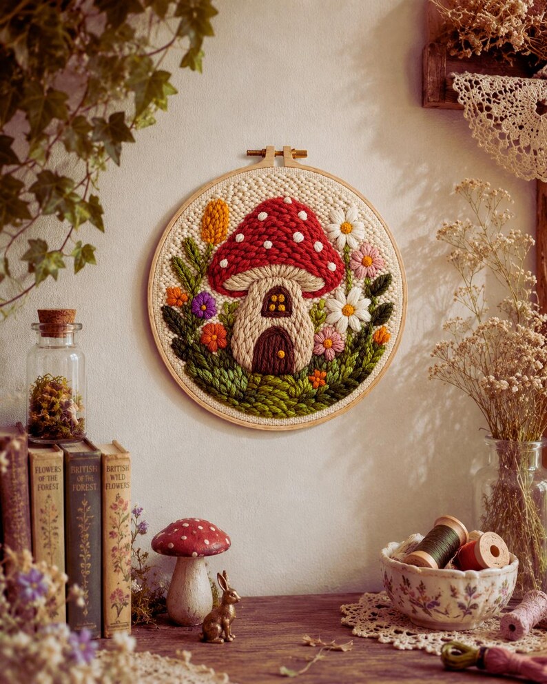 Punch Needle Mushroom House Kit, Cottagecore Punch Needle Set for Beginners, Woodland DIY Craft Kit,