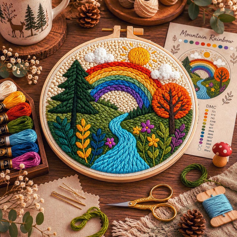 Rainbow Punch Needle Kit for Beginners, Colorful Landscape Fiber Art Kit, DIY Nature Craft Set, Whim