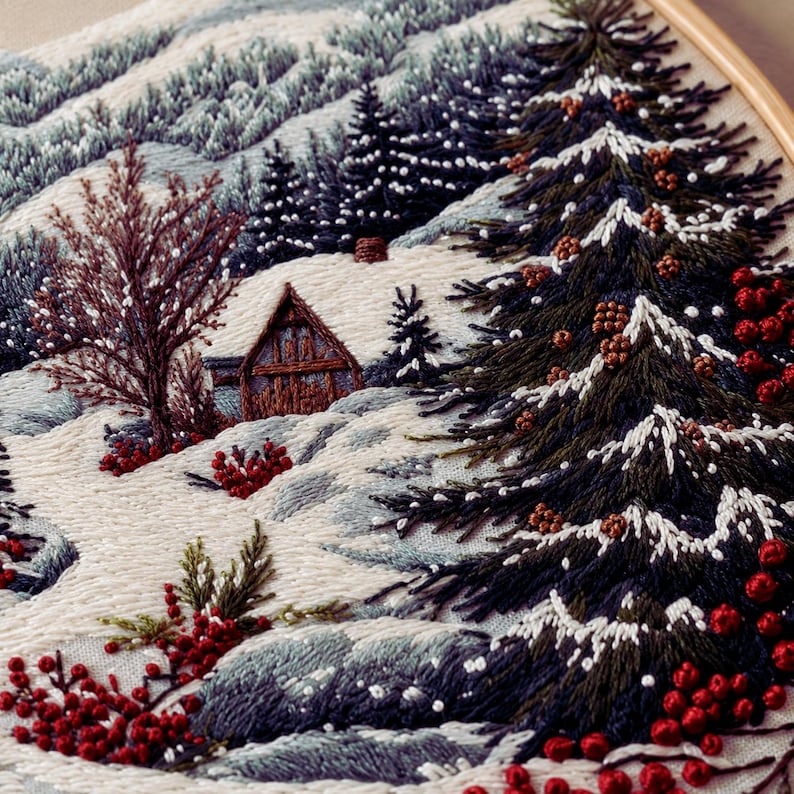 Winter cabin embroidery kit finished piece in hoop