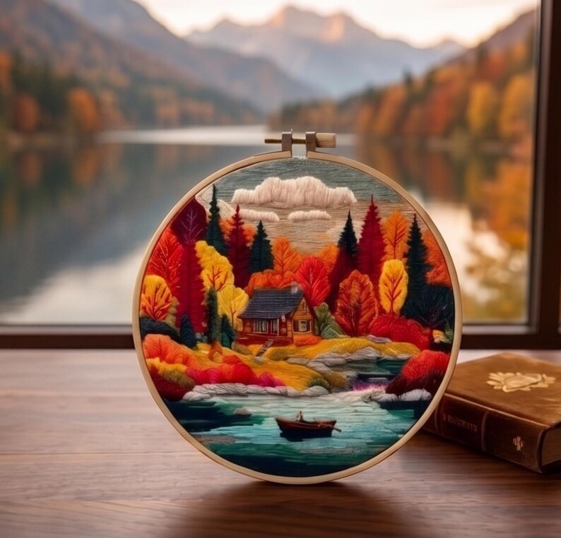 Autumn mountain embroidery hoop art detail