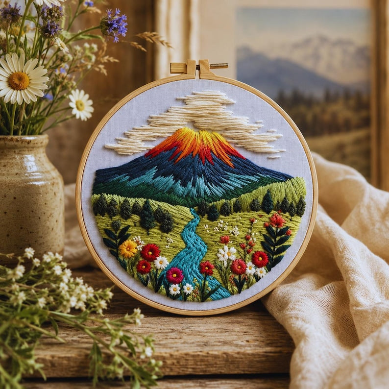 Volcano landscape embroidery kit finished piece