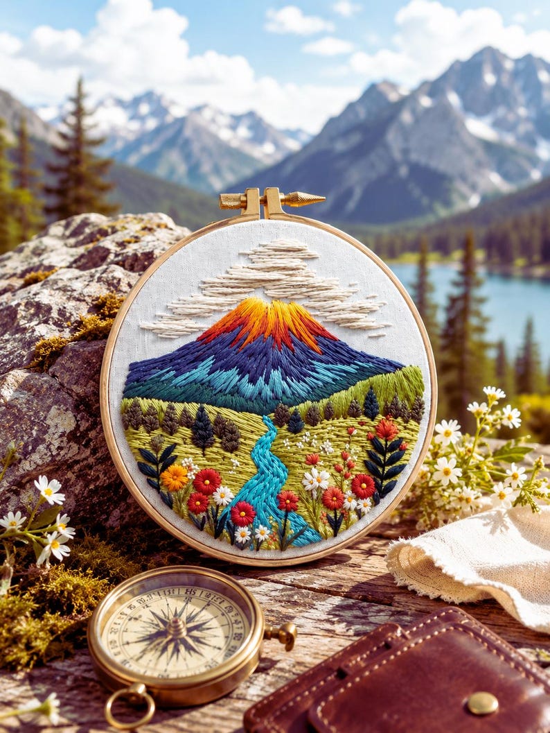 Volcano embroidery kit close-up