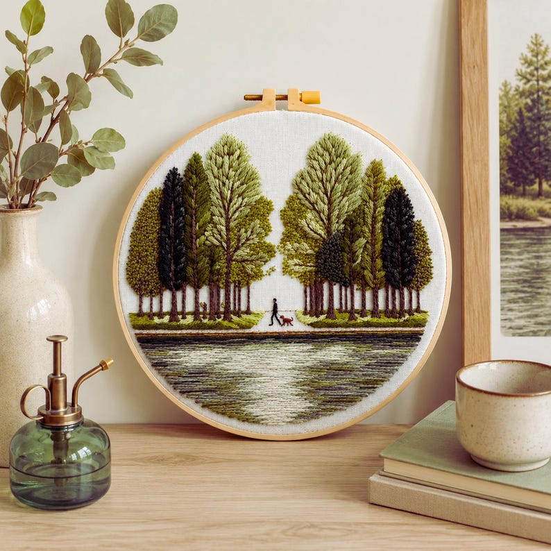 Tree landscape embroidery hoop art detail
