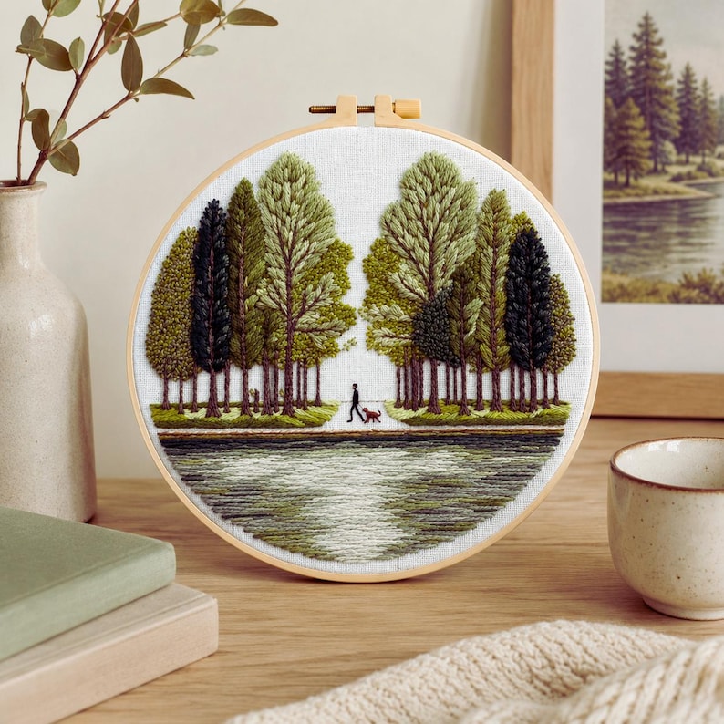 Tree landscape embroidery kit close-up