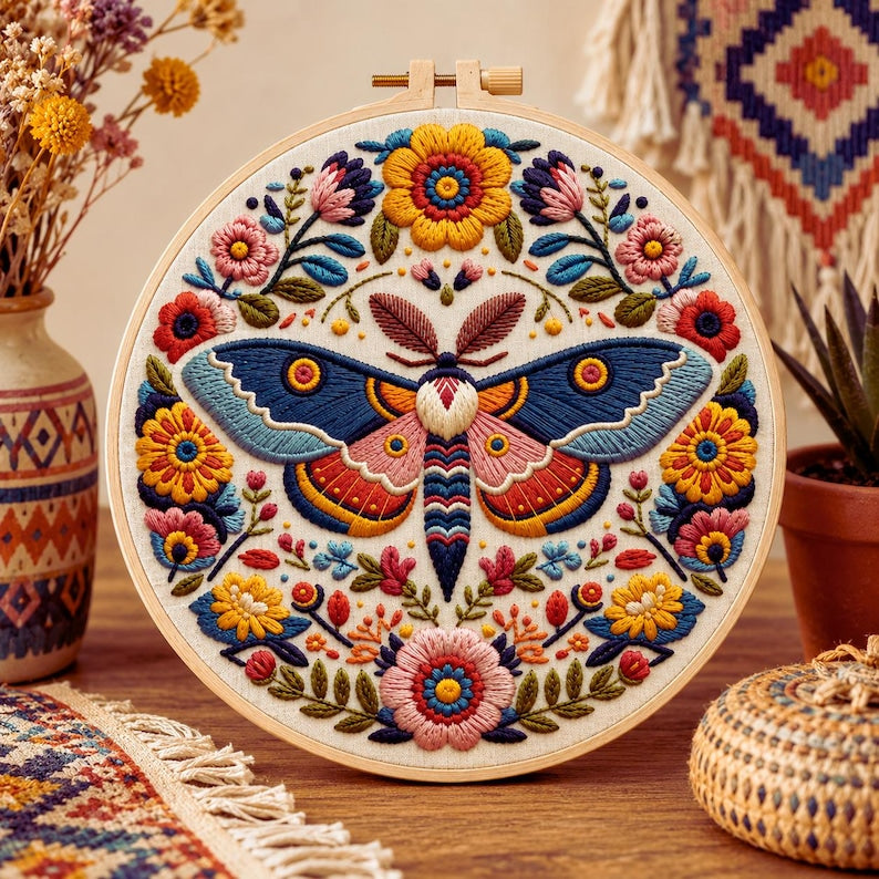 Folk art moth embroidery kit hoop art