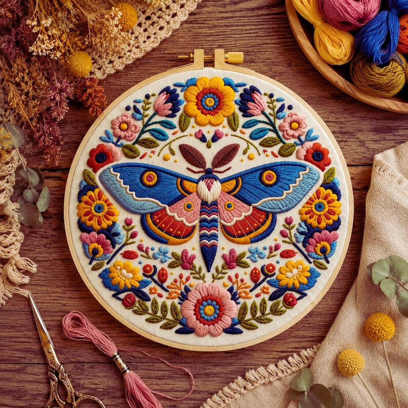 Folk art moth embroidery kit supplies