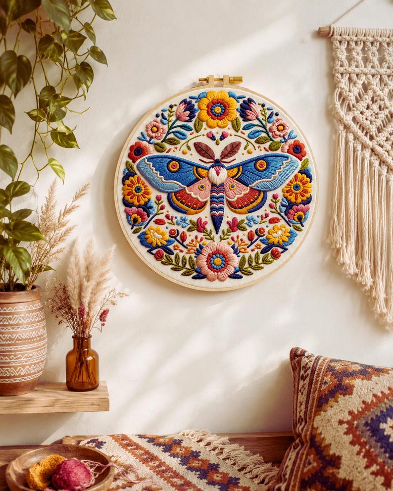 Folk art moth embroidery kit close up detail