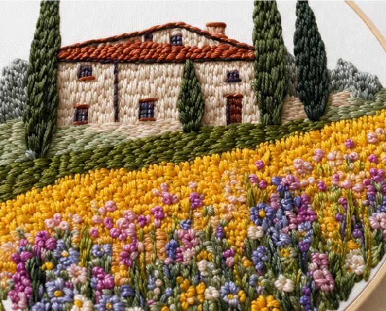 Tuscan farmhouse embroidery kit close-up