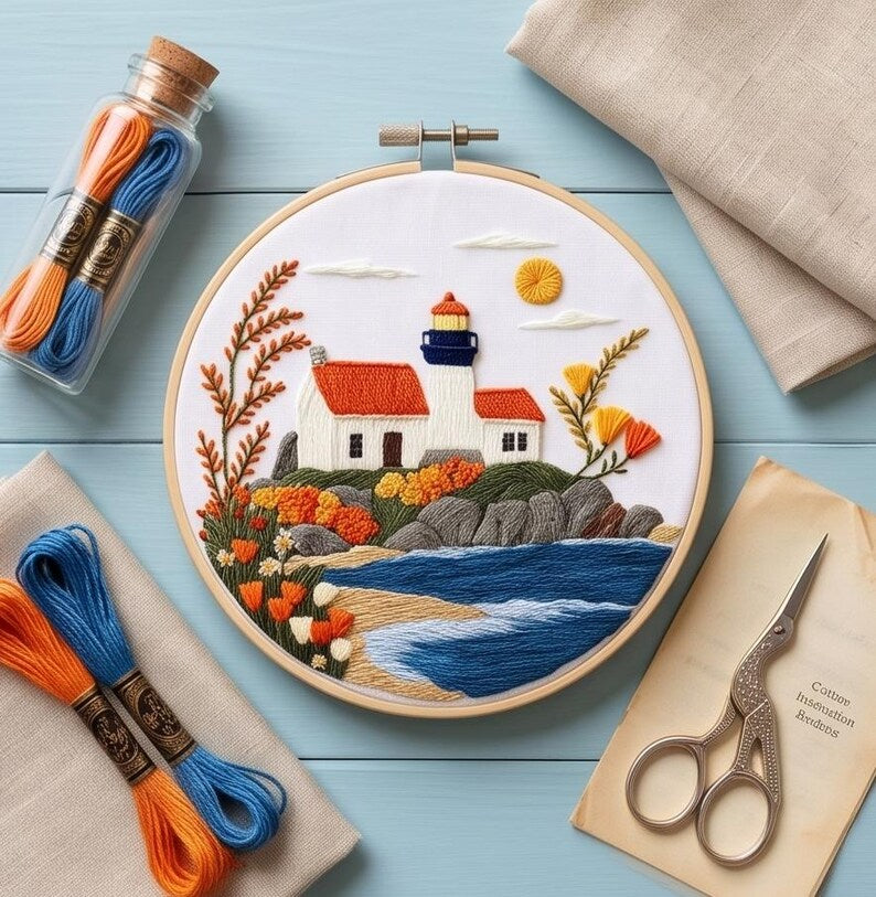 Lighthouse embroidery hoop art detail
