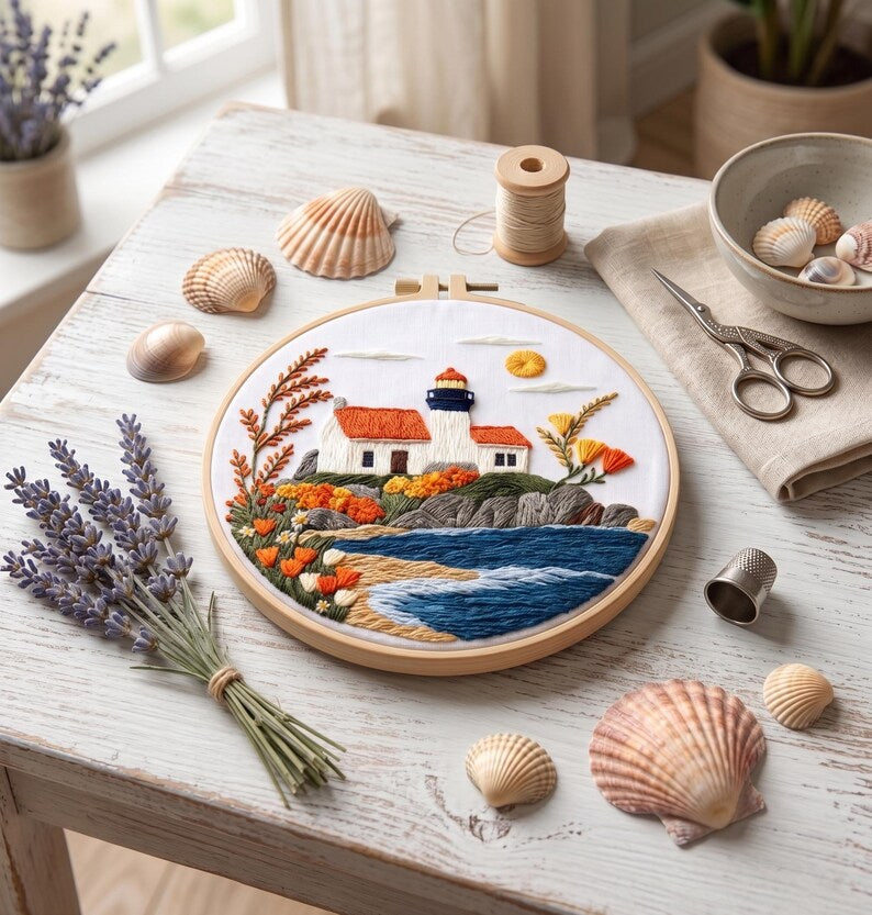 Lighthouse embroidery kit close-up