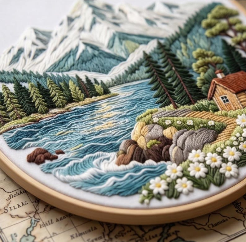 Mountain lake embroidery kit contents