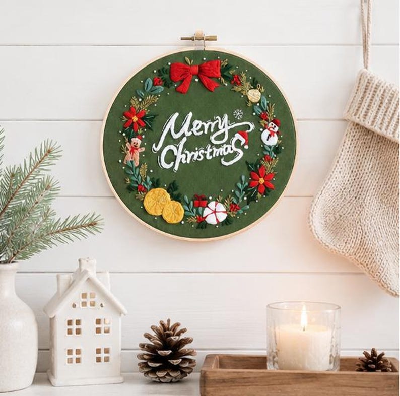 Christmas Embroidery Kit, Festive Wreath Hoop Art, DIY Holiday Decor