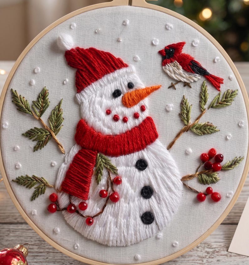 Snowman Embroidery Kit for Beginners, Christmas Needlework Set, Winter Holiday DIY Embroidery Hoop A