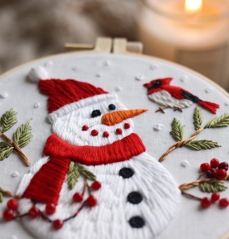 Snowman Embroidery Kit for Beginners, Christmas Needlework Set, Winter Holiday DIY Embroidery Hoop A