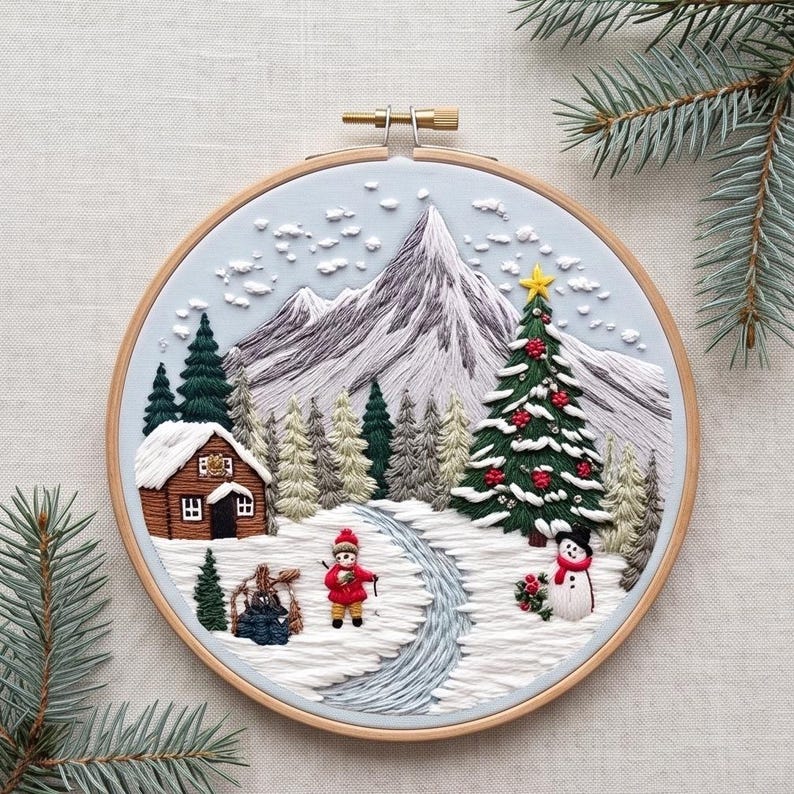 Winter Landscape Embroidery Kit for Beginners, Christmas Mountain Needlework Set, Snowy Cabin DIY Em