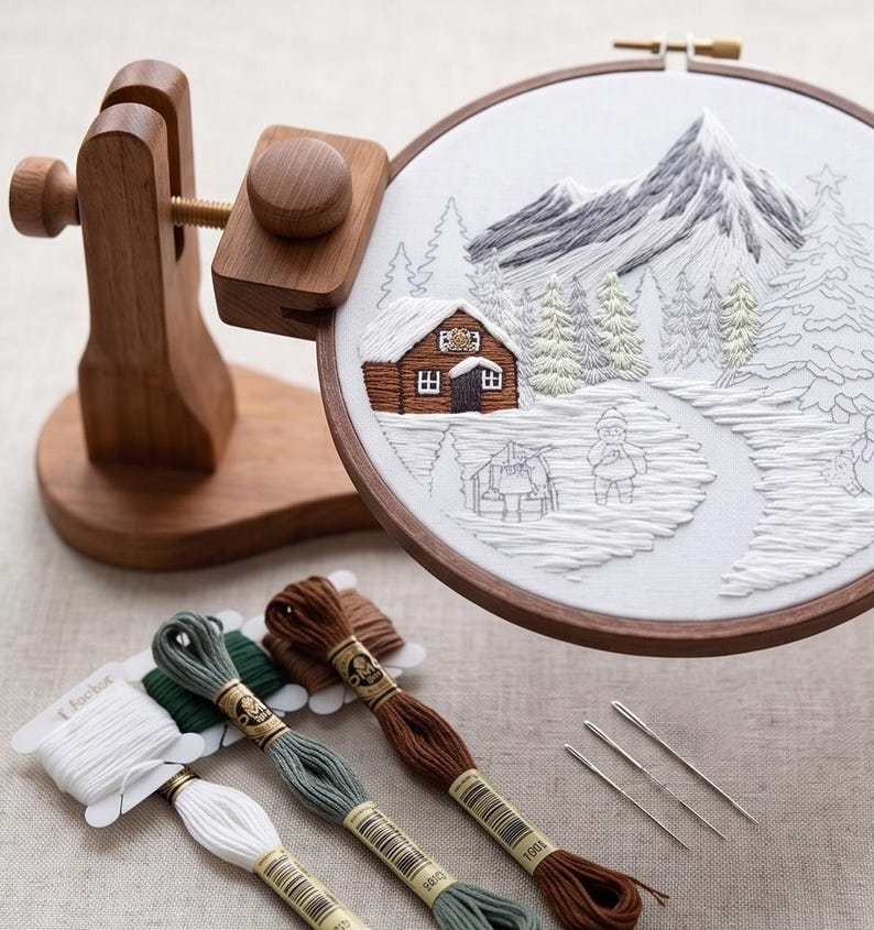 Winter Landscape Embroidery Kit for Beginners, Christmas Mountain Needlework Set, Snowy Cabin DIY Em