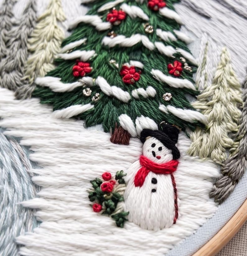 Winter Landscape Embroidery Kit for Beginners, Christmas Mountain Needlework Set, Snowy Cabin DIY Em
