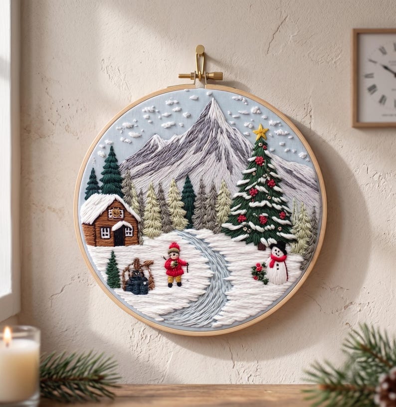 Winter Landscape Embroidery Kit for Beginners, Christmas Mountain Needlework Set, Snowy Cabin DIY Em