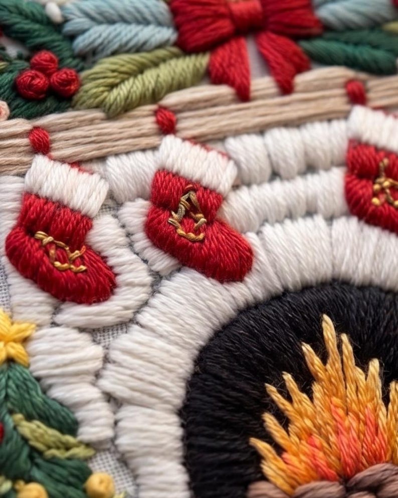 Christmas Fireplace Embroidery Kit for Beginners, Cozy Holiday Needlework Set, Winter DIY Embroidery