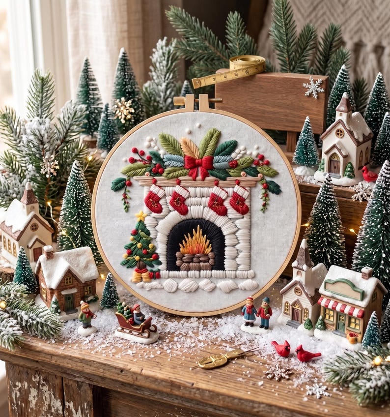 Christmas Fireplace Embroidery Kit for Beginners, Cozy Holiday Needlework Set, Winter DIY Embroidery