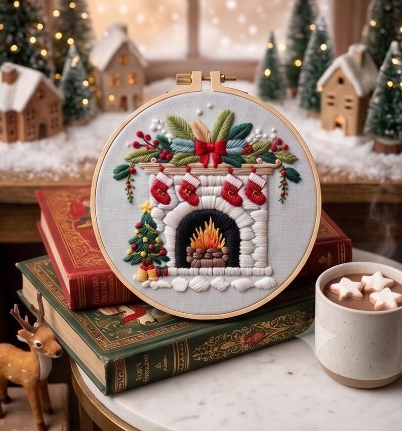 Christmas Fireplace Embroidery Kit for Beginners, Cozy Holiday Needlework Set, Winter DIY Embroidery