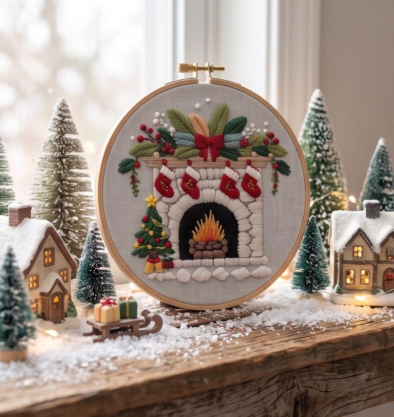 Christmas Fireplace Embroidery Kit for Beginners, Cozy Holiday Needlework Set, Winter DIY Embroidery