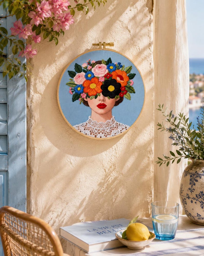 Floral woman embroidery kit stitching detail
