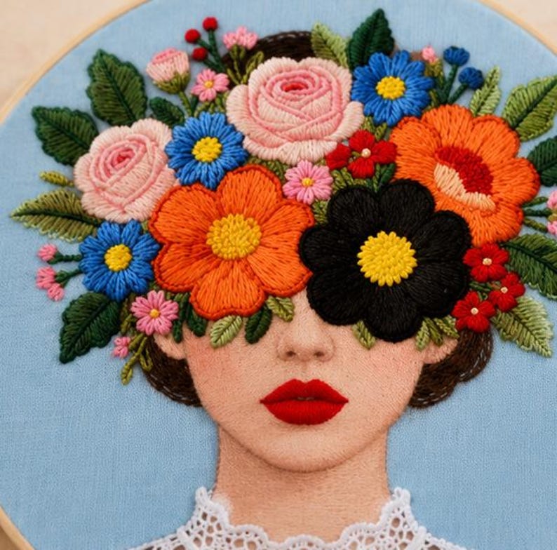Floral woman embroidery kit supplies included