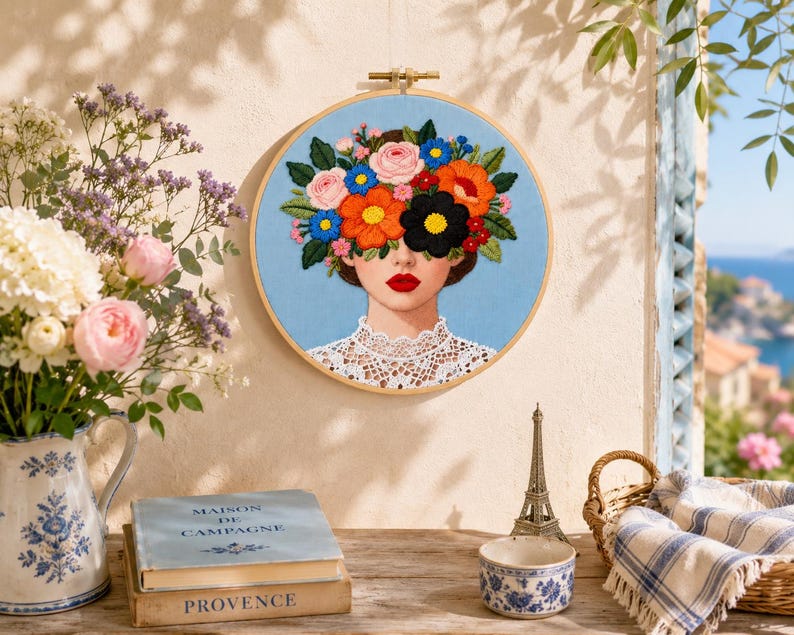 Floral woman embroidery kit sizes