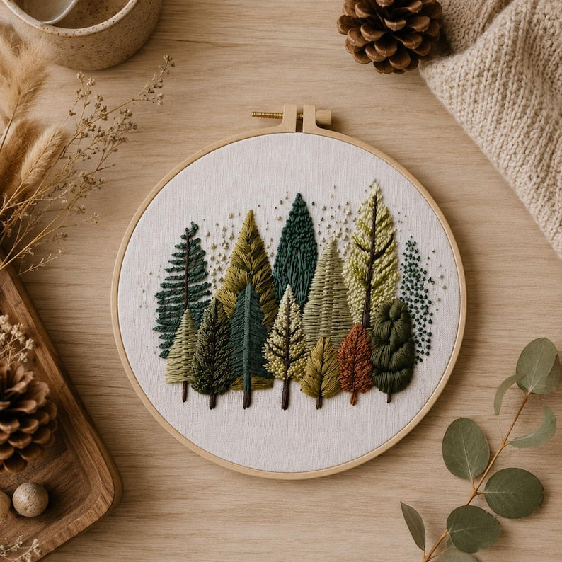 Scandinavian forest embroidery pattern close-up