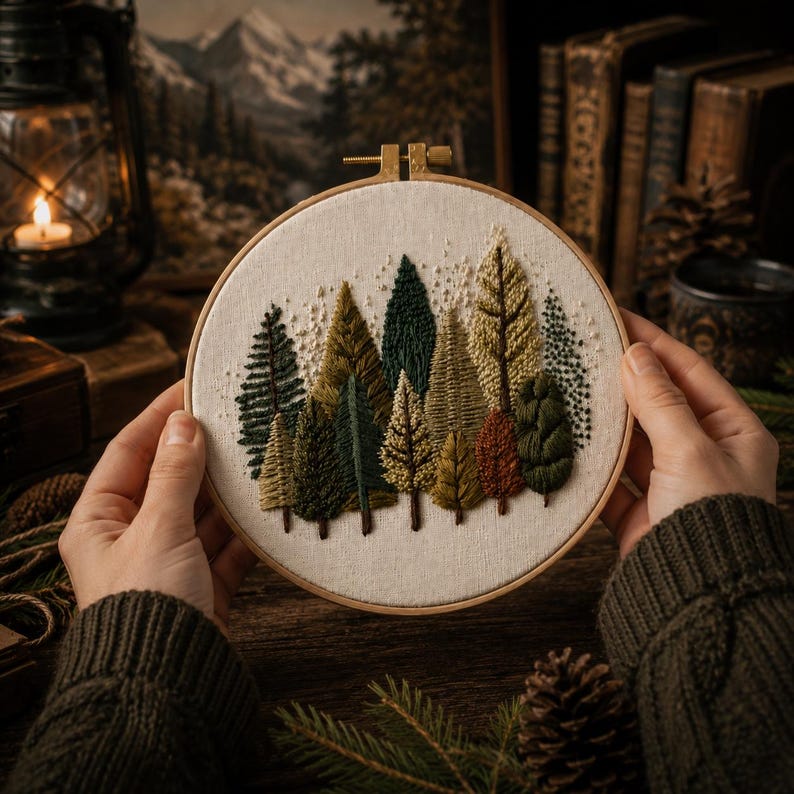 Woodland trees embroidery kit styled display