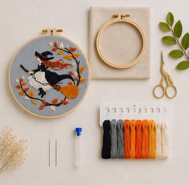 Witch embroidery hoop displayed as Halloween decor