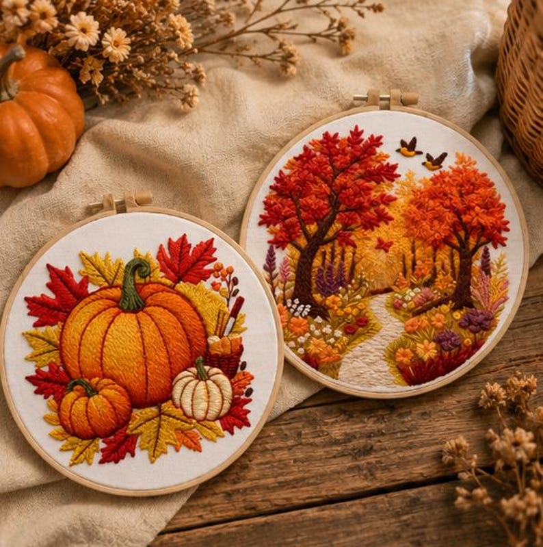 Autumn embroidery kit set contents and materials