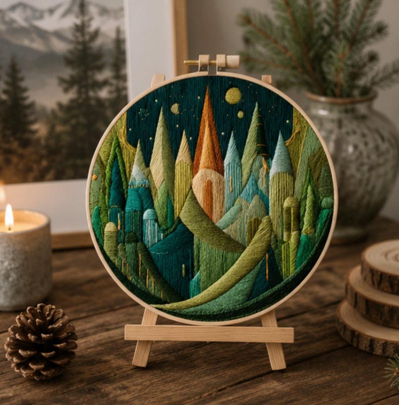 Nordic forest embroidery kit pattern detail
