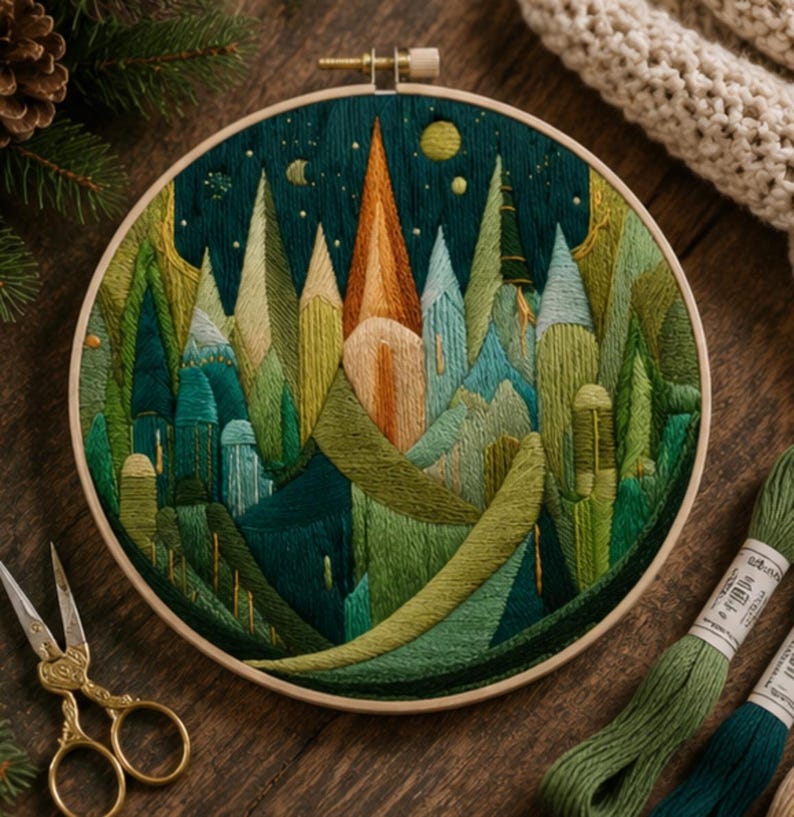 Nordic forest embroidery kit size and materials