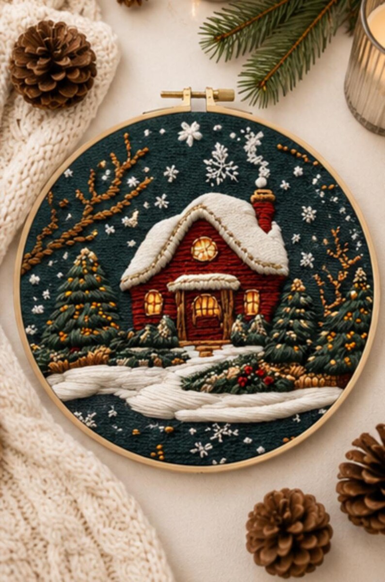 Christmas cabin embroidery kit displayed