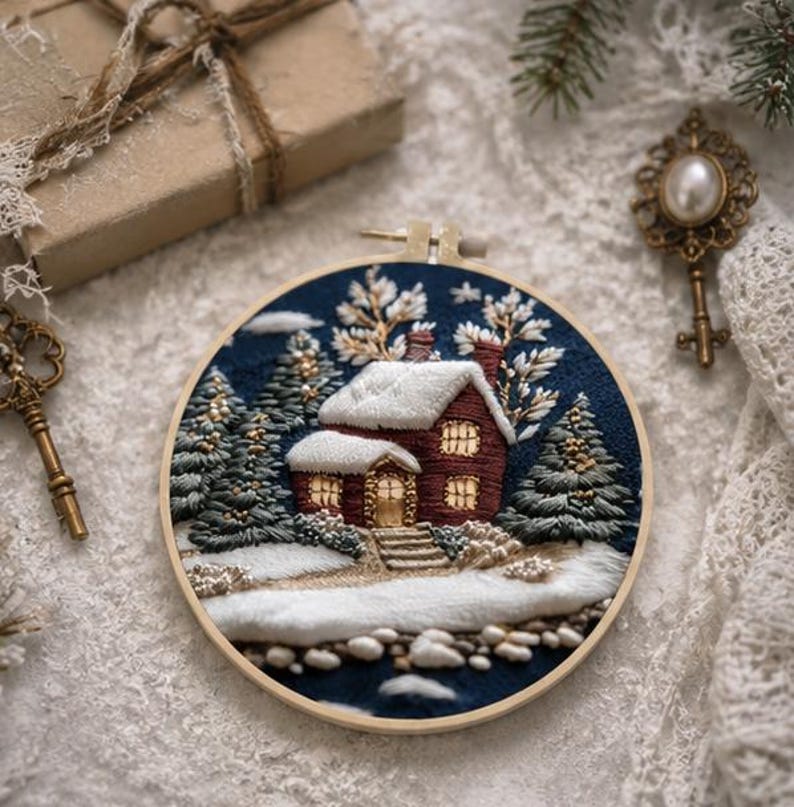 Winter Cabin Embroidery Kit for Beginners, DIY Christmas Embroidery Kit, Snowy Cottage Needlepoint K