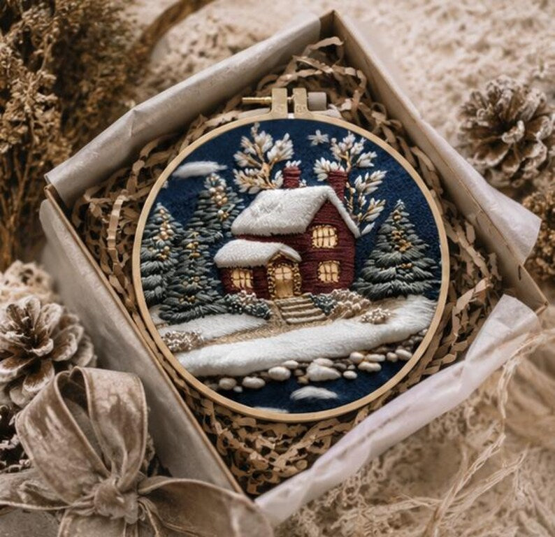Winter Cabin Embroidery Kit for Beginners, DIY Christmas Embroidery Kit, Snowy Cottage Needlepoint K