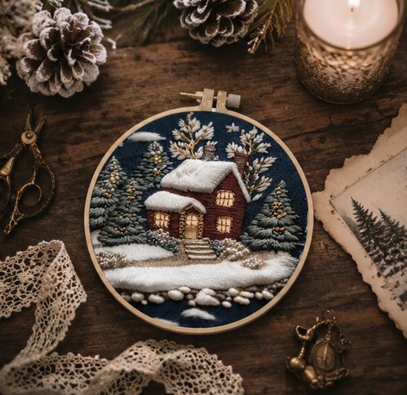 Winter Cabin Embroidery Kit for Beginners, DIY Christmas Embroidery Kit, Snowy Cottage Needlepoint K