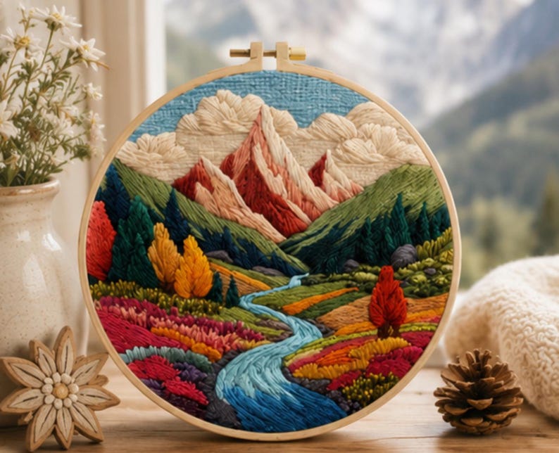 Forest landscape embroidery kit close-up detail