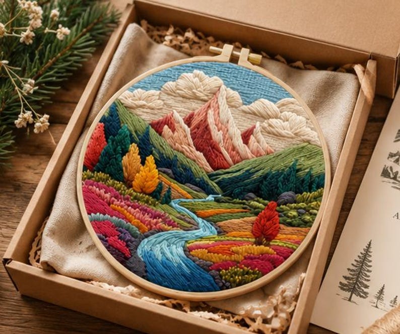 Forest landscape embroidery kit in progress