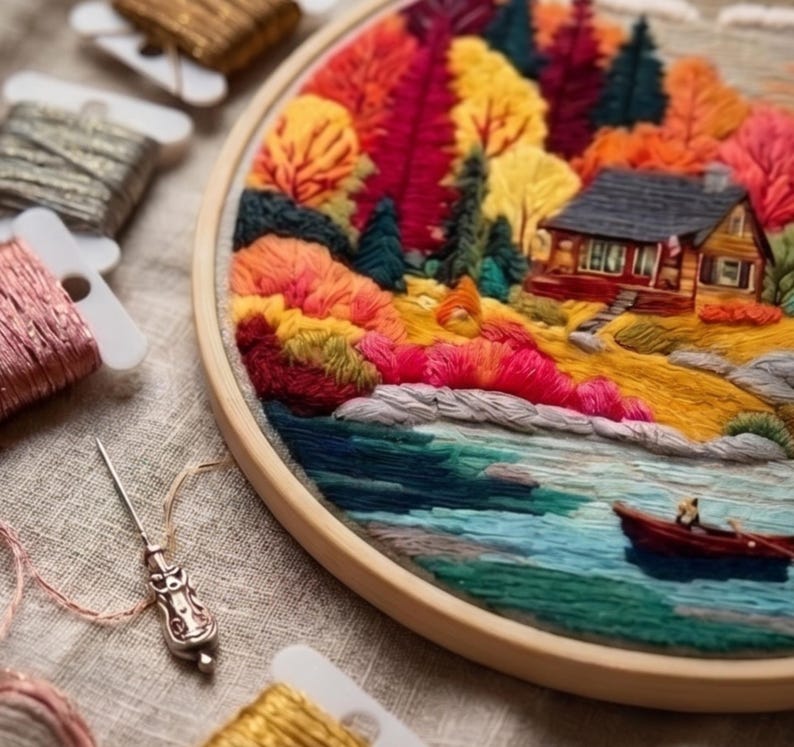 Autumn mountain embroidery kit contents