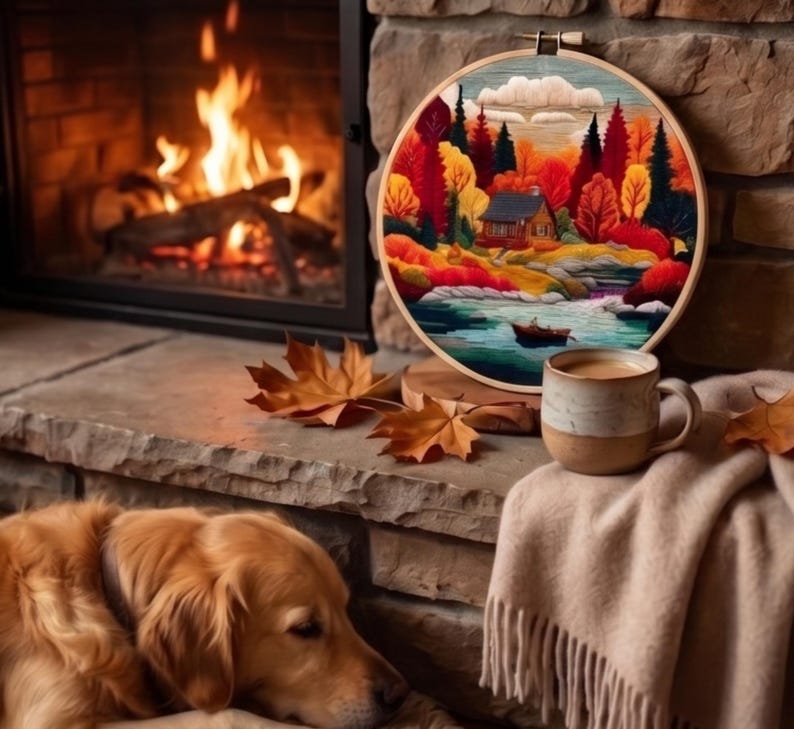 Autumn mountain embroidery fabric pattern
