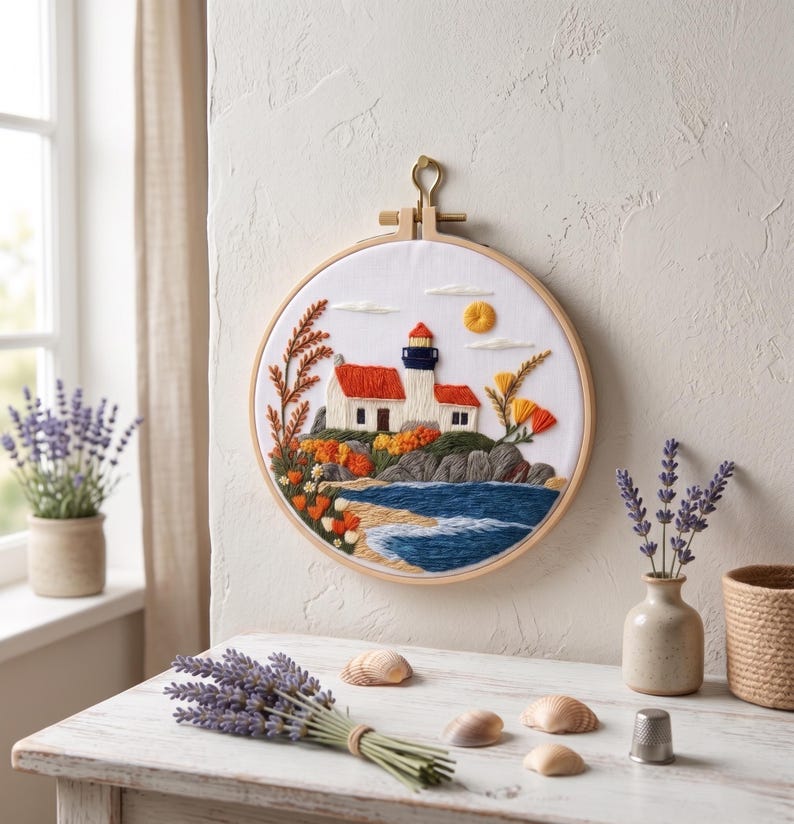 Lighthouse embroidery kit threads and hoop