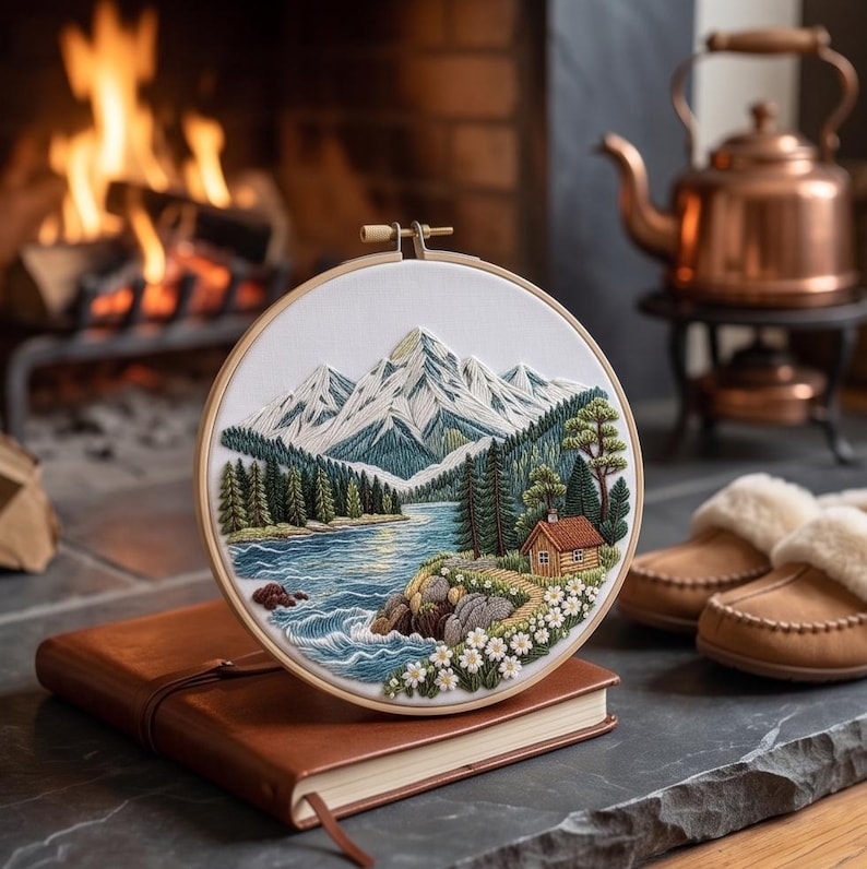Mountain lake embroidery hoop art detail