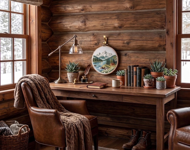 Mountain lake embroidery fabric pattern