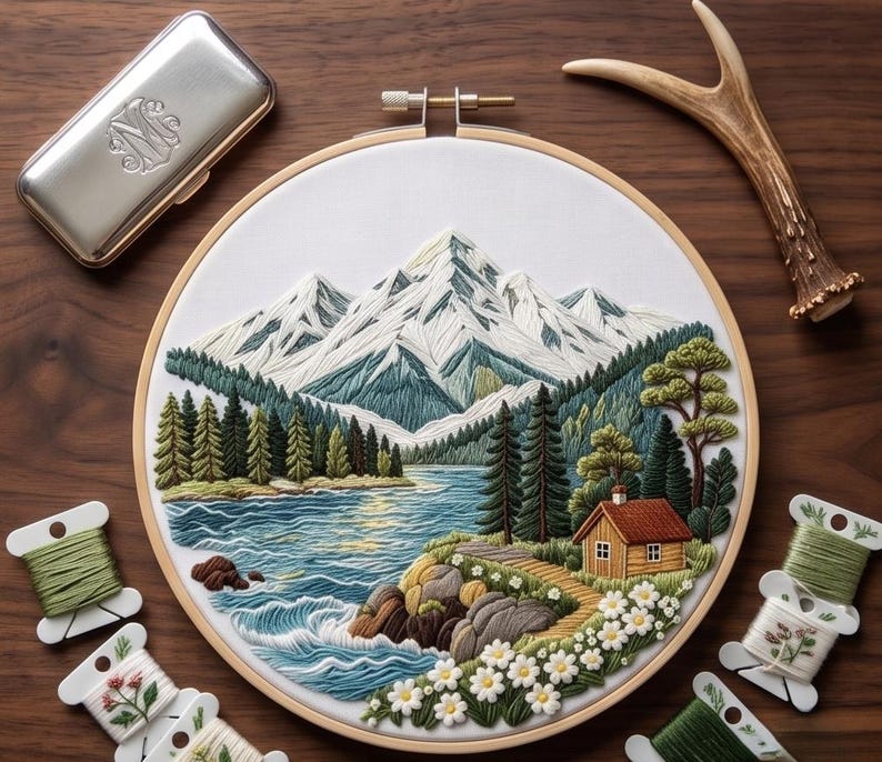 Mountain lake embroidery kit close-up