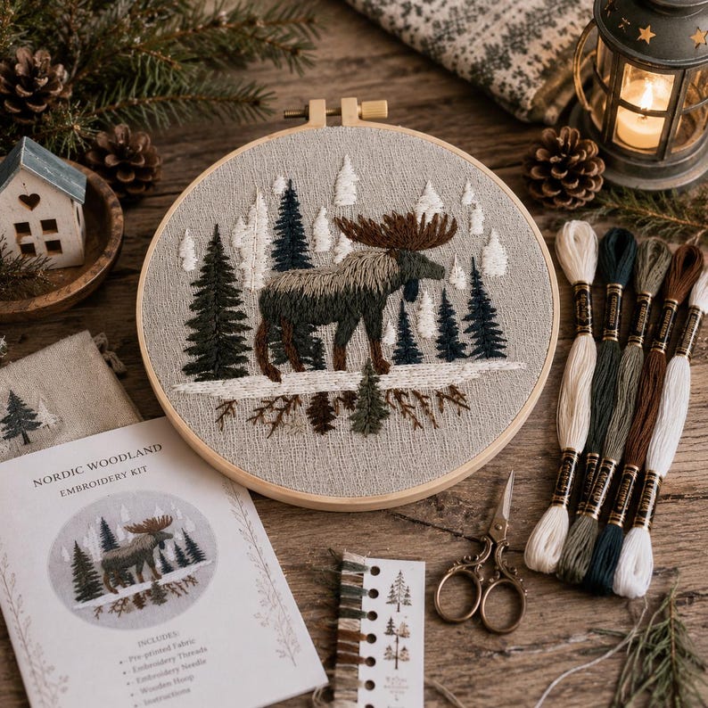 Woodland moose embroidery kit contents and materials