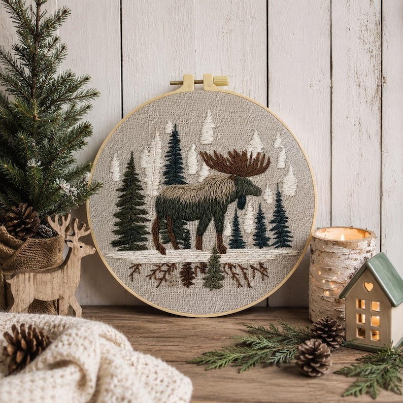 Woodland moose embroidery kit finished design