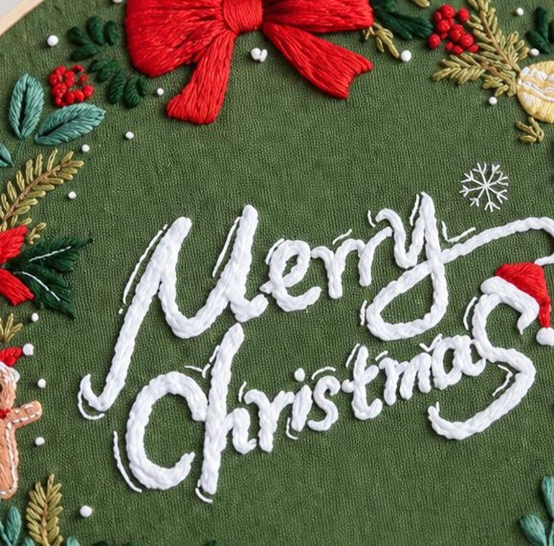 Christmas Embroidery Kit, Festive Wreath Hoop Art, DIY Holiday Decor